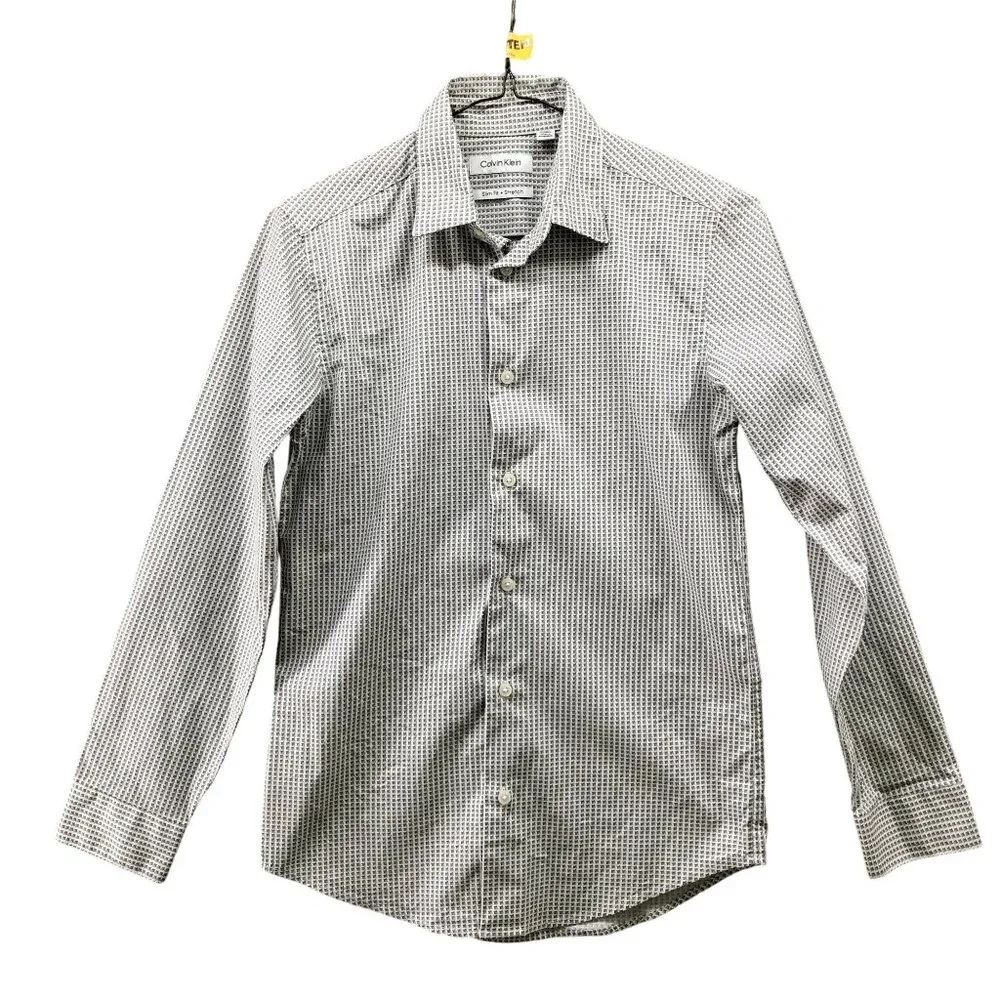 Calvin Klein Boys Size‎ 14 Long Sleeve Dress Shirt Slim Fit Houndstooth Gray